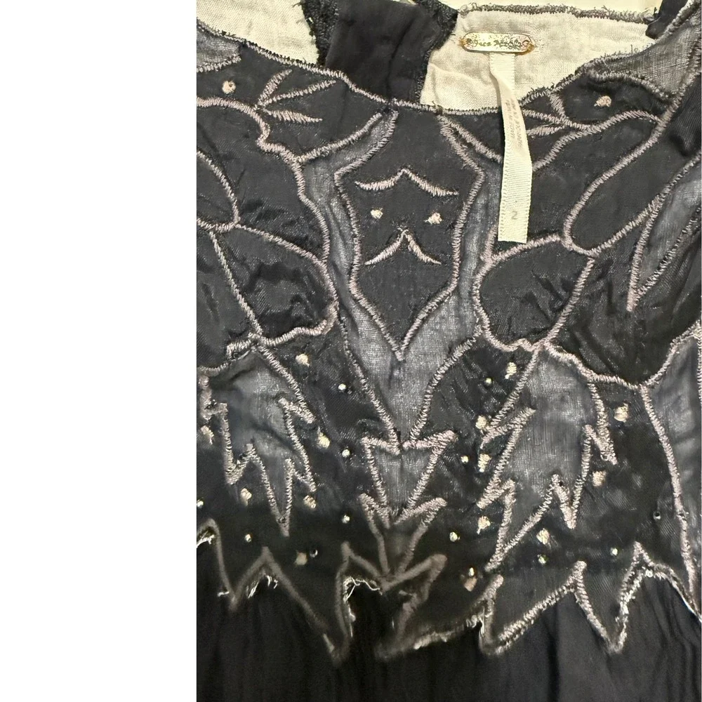 Free People Black Embroidered Beaded Gauze Mini Dress Boho Braided‎ Straps XS